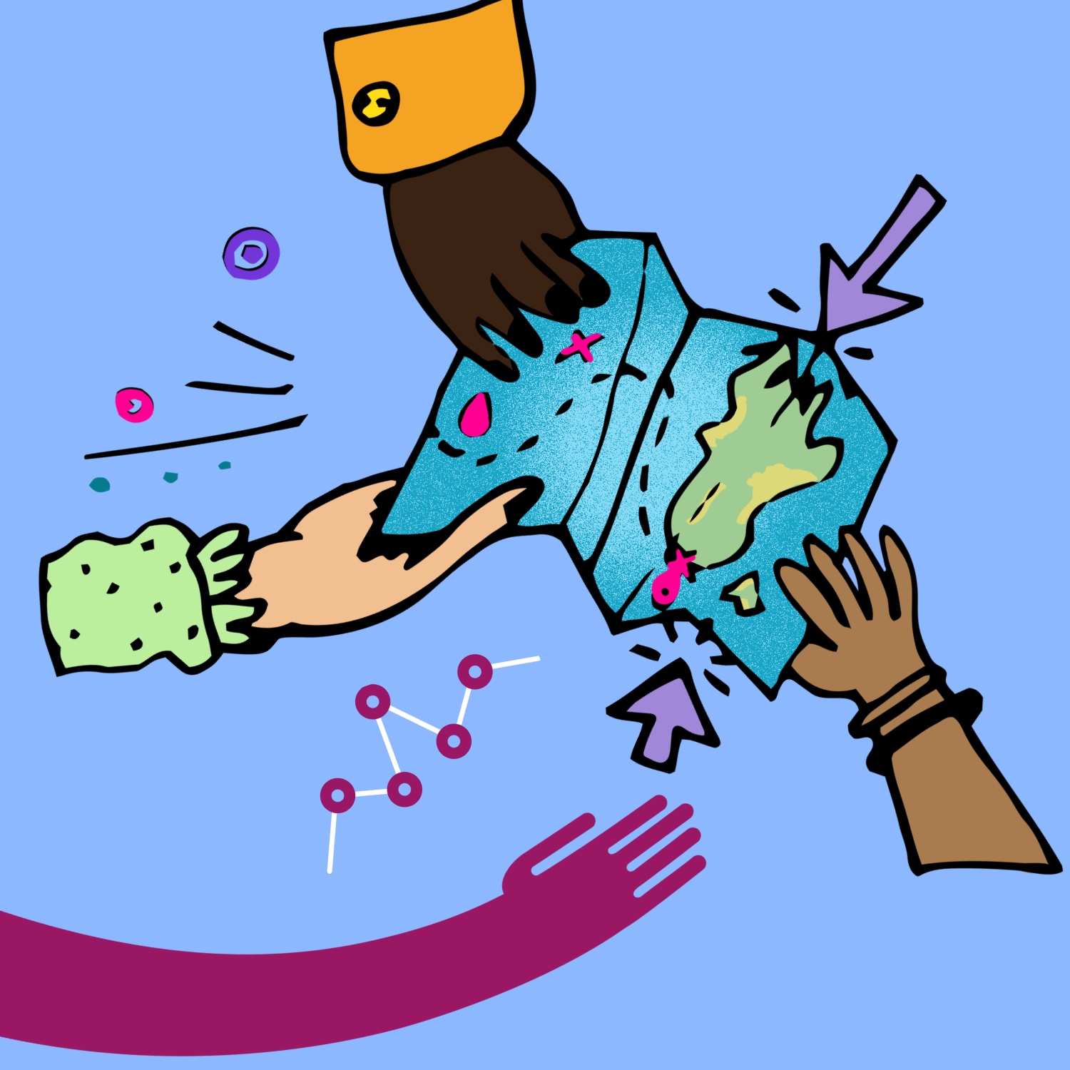 Illustration mit drei Händen, die zusammen eine Weltkarte halten. Zwei lila Pfeile zeigen auf die Karte. Auf der Karte sind drei Orte in Pink markiert. Dazu sieht man die Hand des Civic Data Lab zum unterstützen.